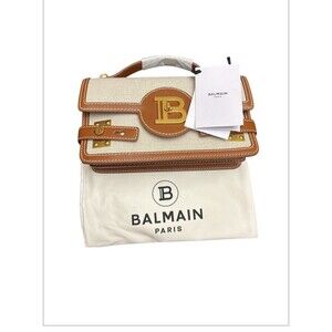 Balmain B-Buzz 24 Canvas & Leather Shoulder Bag Natural Brown New $1895